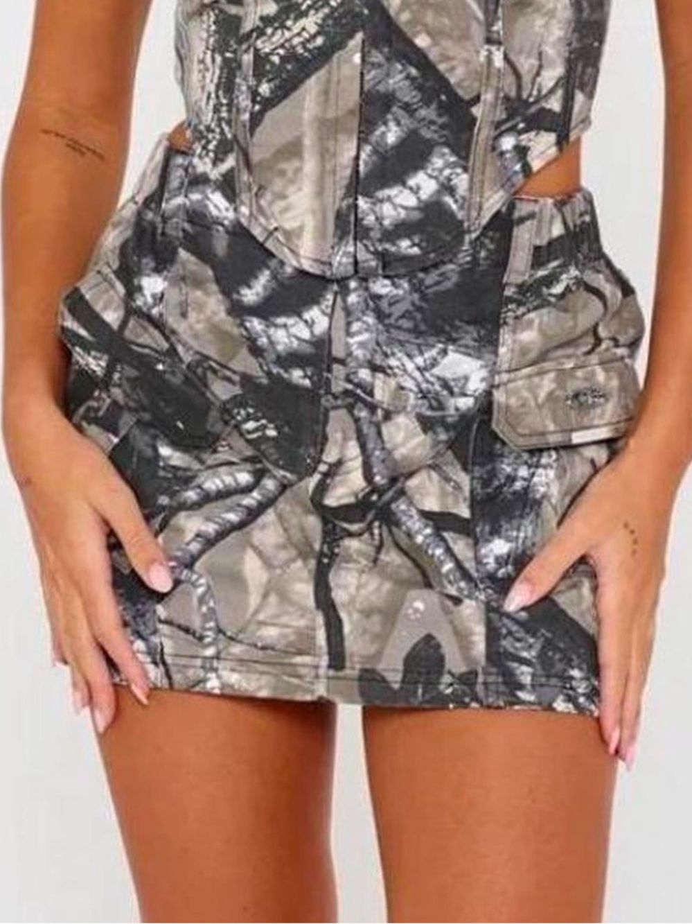 Luxe to Kill Camo Mini Skirt Gray Camo Cargo Mini Skirt Utility Pockets NWT